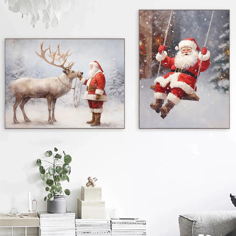 Vintage Santa Claus On A Swing Poster Reindeer Prints Canvas Printing Christmas Holiday Wall Art Picture for Home Decor Gifts