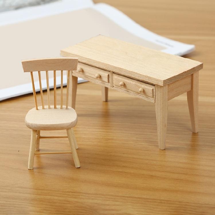 Miniature Reading Room Furniture Set with Table and Chair Unpainted Design for 1/12 Scale Dollhouses Display Decoration