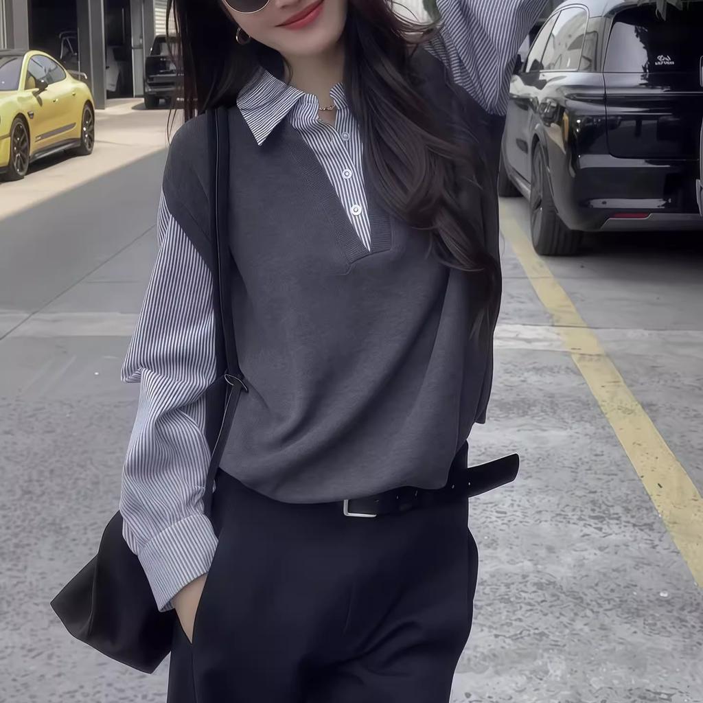 Andy velvet washing water, autumn new fake two-piece Polo collar shirt, high-end temperament, casual and versatile woman