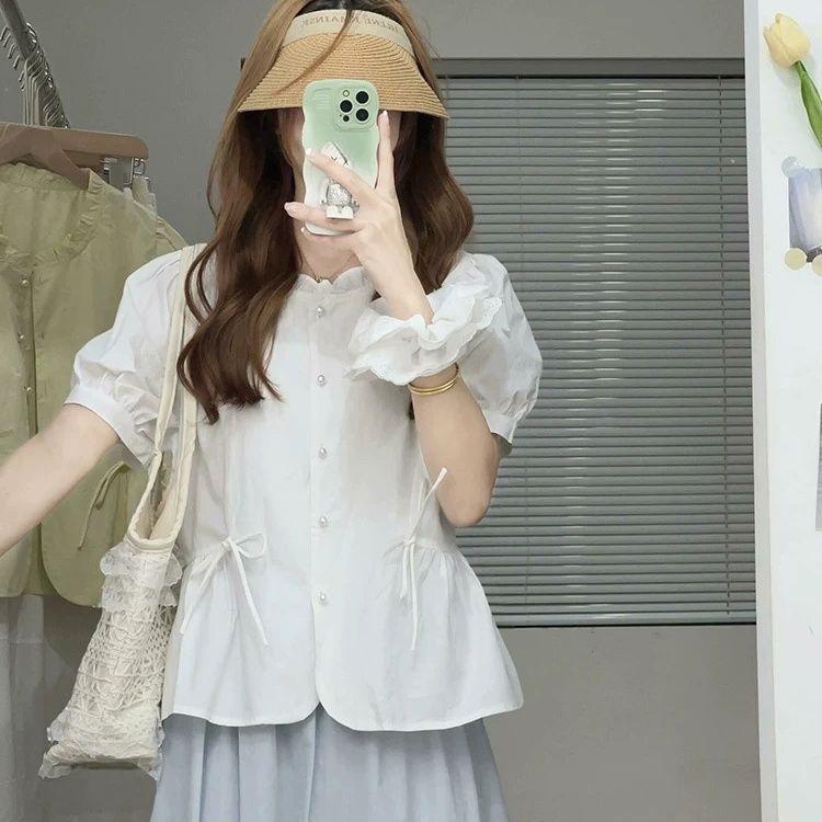 

Летняя голубая блузка с пышными рукавами, французский ленивый стиль, женский повседневный топ с коротким рукавом, миниатюрная мода M белый