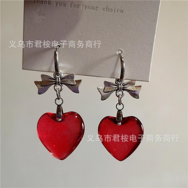 

Exquisite Silver Color Stainless Steel Bowknot Heart-shaped Transparent Glass Crystal Pendant Dangle Earrings for Women Jewelry червоний