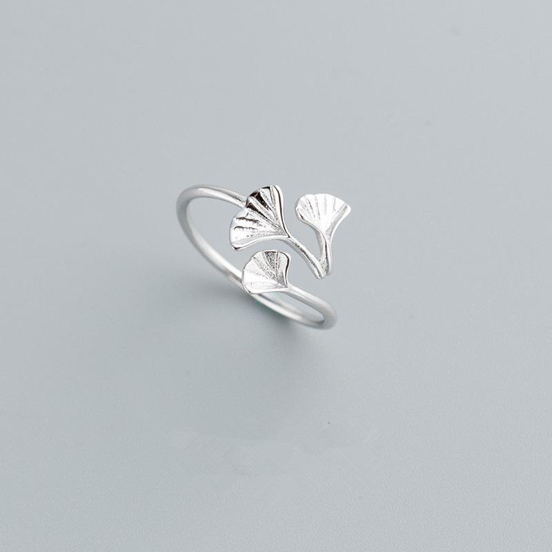 Women's Ginkgo Silver-Plated Adjustable Open Ring: Japanese & Korean Artistic Design, Simple & Fresh Style for Index Finger or Best Friend Gift.