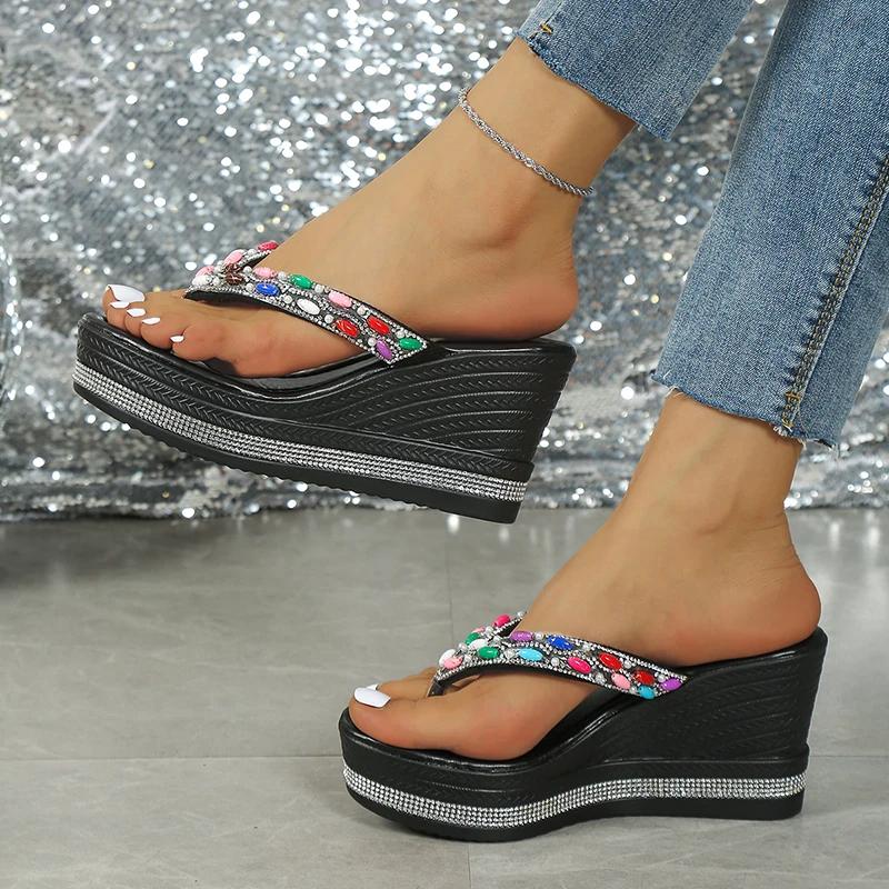 Fashion Colored Rhinestone Chunky Wedges Flip Flops Women Super High Heel Clip Toe Sandals Woman Plus Size Platform Thick Bottom Sandles