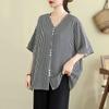 Cotton and Linen Plus Size Women's Summer New V-neck Striped Button Pullover Top Loose Slimming Shirt for Fat People