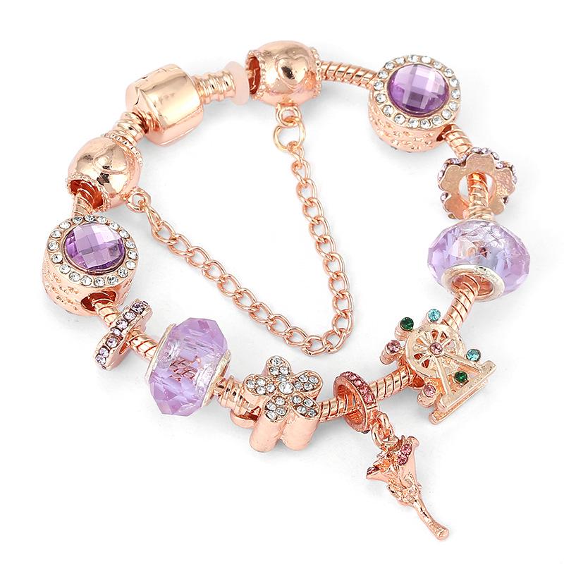 Pan's Rose Gold European Style Princess Crown Heart Pendant Bracelet for Women - DIY Customizable Series.