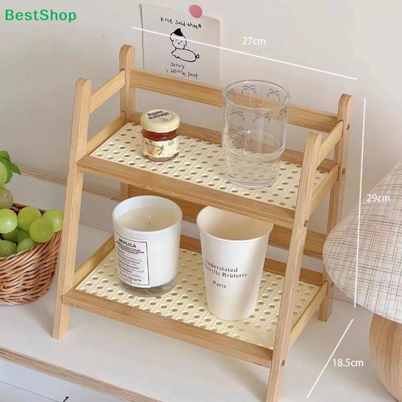 2-Tier Bamboo Ladder Shelf - Natural Wood Storage Rack with Rattan Shelves, Decorative Organizer for Bedroom/Living Room