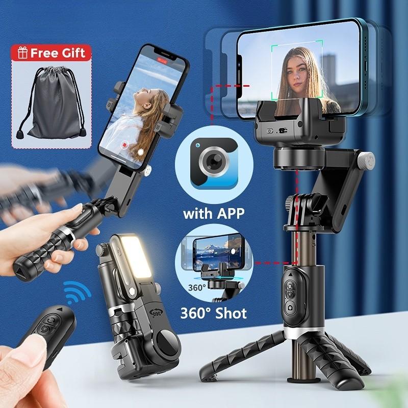 Treppiede da Tavolo Q18 con Ripresa a 360° e Luce di Riempimento per Smartphone Android iOS, Selfie Stick, Stabilizzatore Gimbal
