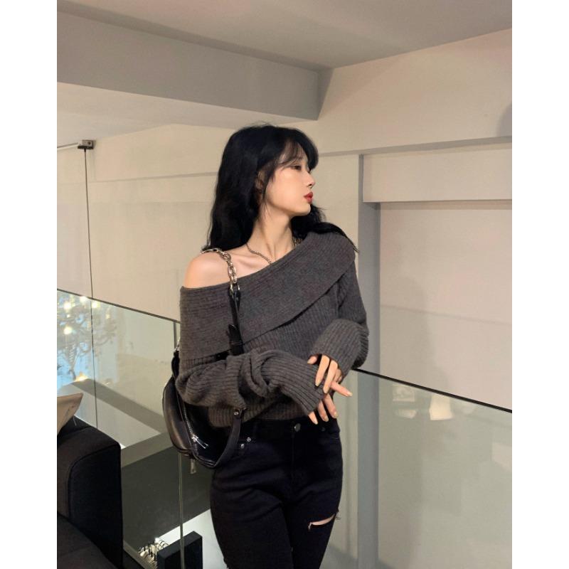 One-word Collar Strapless Clavicle Sweater Women's Spring, Autumn and Winter Western Style Fashion Long-sleeved Bottoming Sweater Top 8603