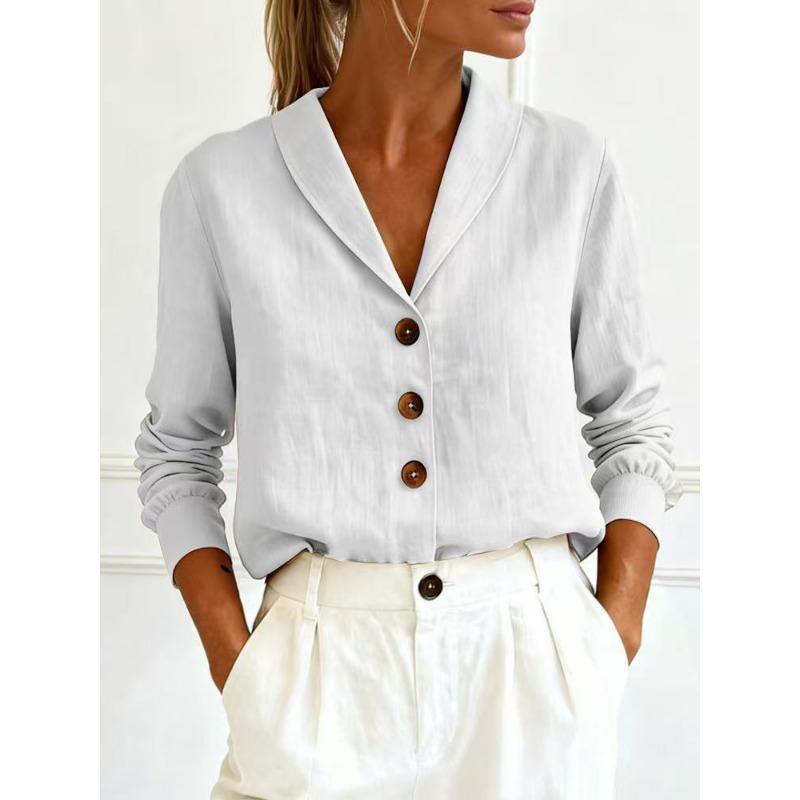 Womens Casual Loose Fashion Cotton Linen Long Sleeve Button Shirt S белый