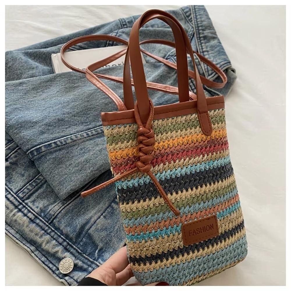 Fashion Contrasting Color Straw Messenger Bag All-match Light Weight Straw Crossbody Bag High Capacity Weave Beach Bag Daily Use