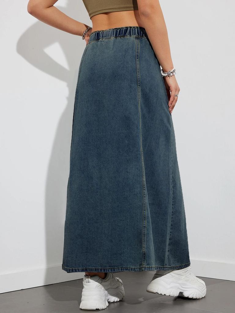 Women's Casual Elastic High Waist Loose A-Line Long Flared Denim Skirt