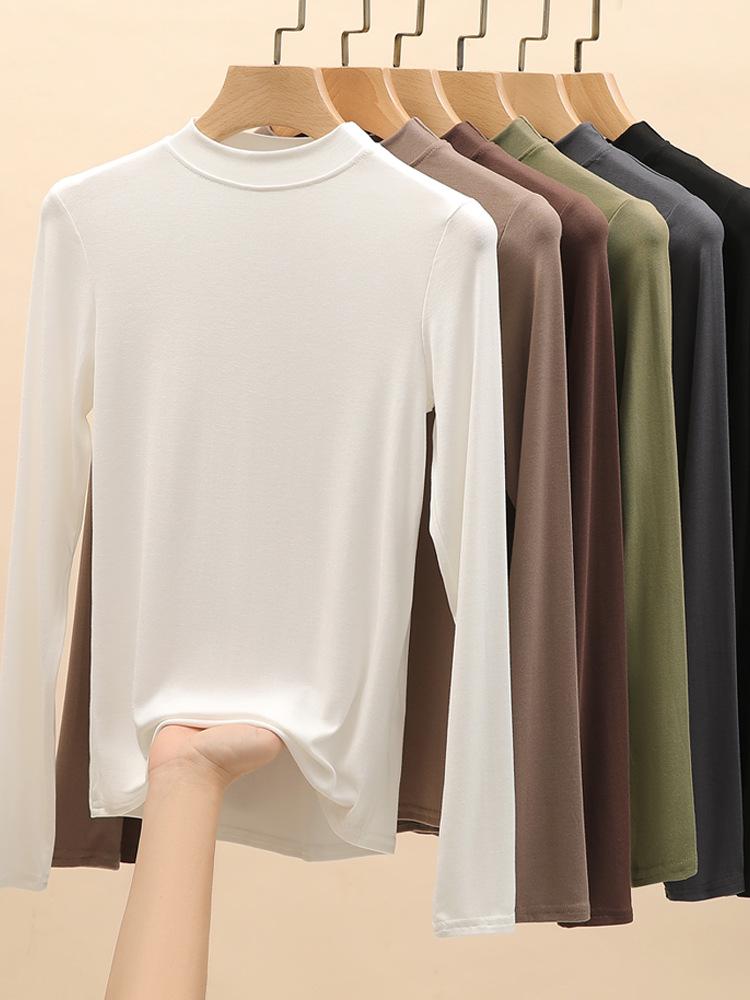 Women's H535 Modal Half-High Collar Long-Sleeve T-Shirt - New Autumn Style with a Small Stand Collar and Round Neck.