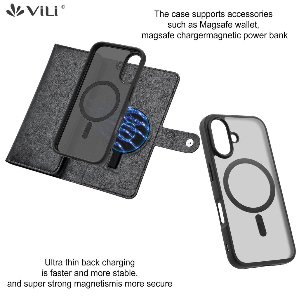 VILI GVB Series for iPhone 16 Plus Case Compatible with MagSafe Detachable Leather Phone Cover