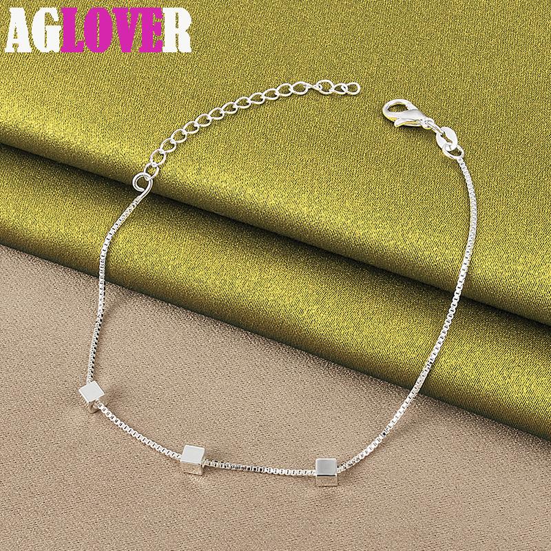 925 Sterling Silver 4mm Three Square Chain Bracelet Jewelry