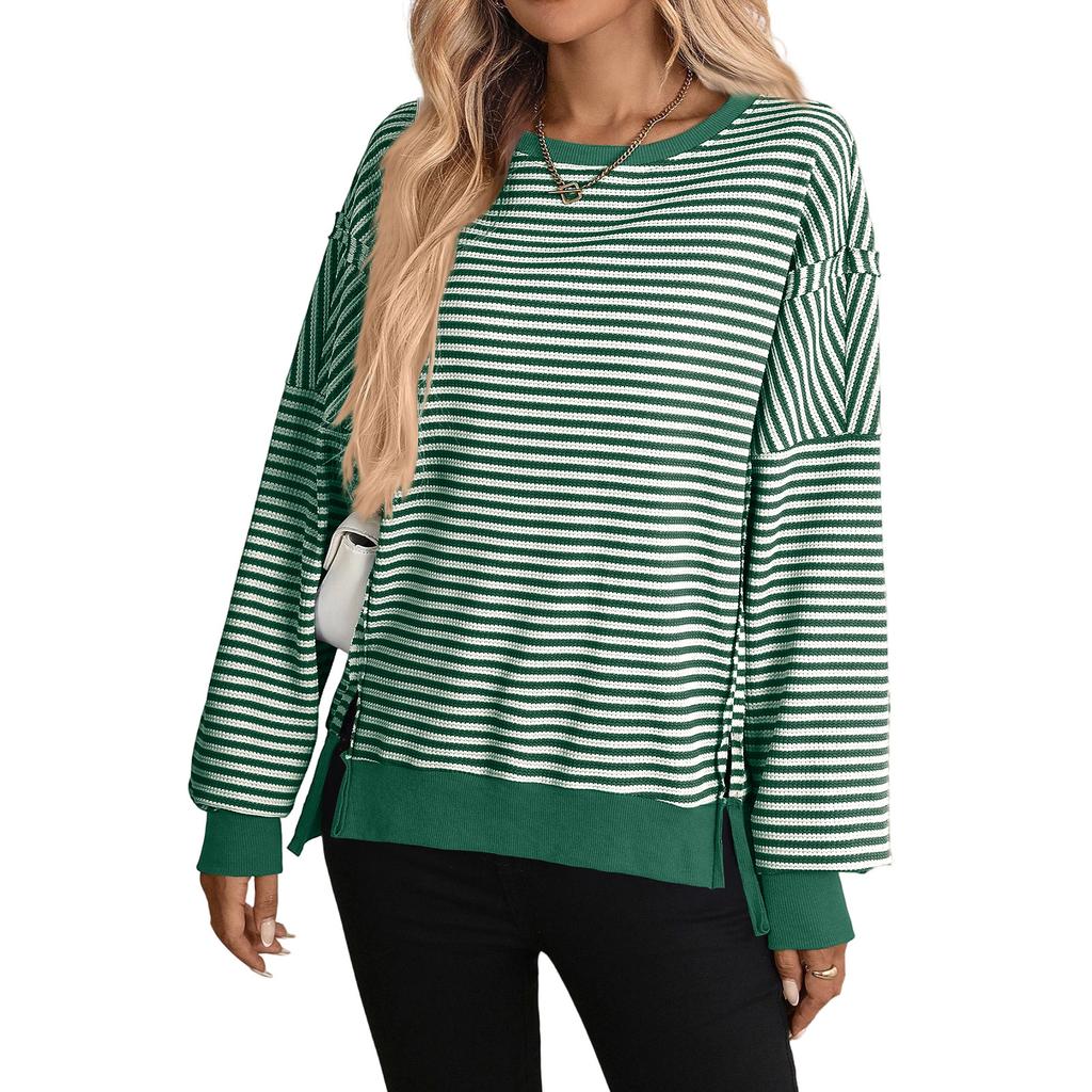 Women's Long Sleeve Striped Neck Sweatshirt, Casual Loose Fit Pullover
