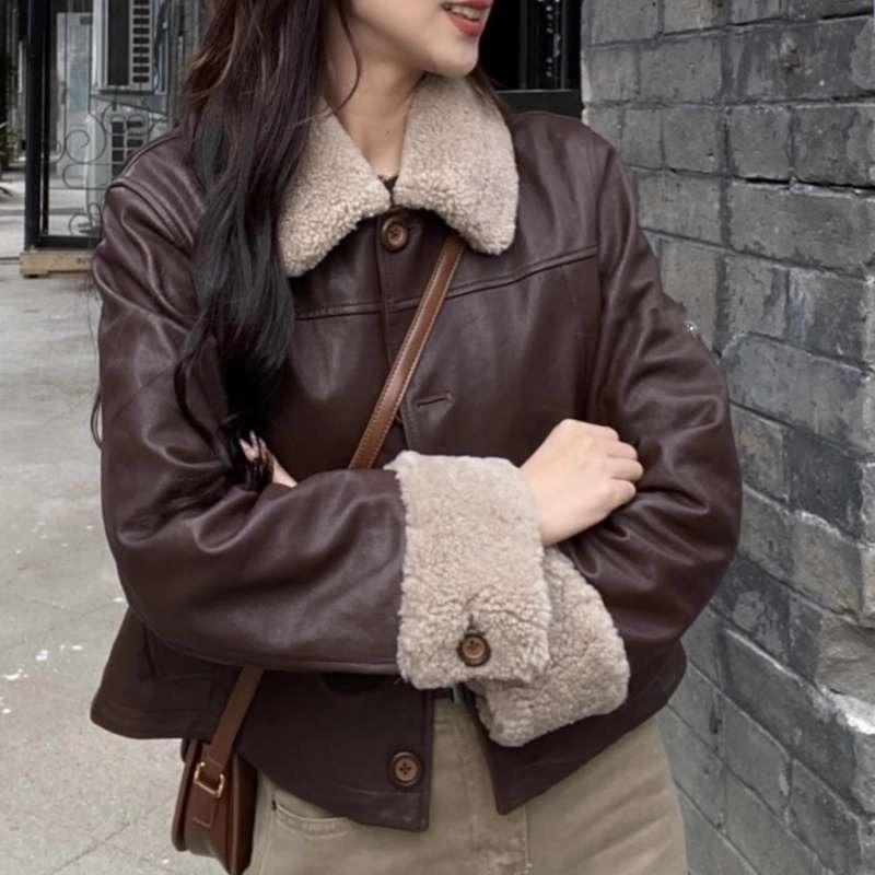 Brown cotton leather jacket short locomotive clothing imitation lamb fur jacket women's autumn and winter cotton-padded clothing short fashion