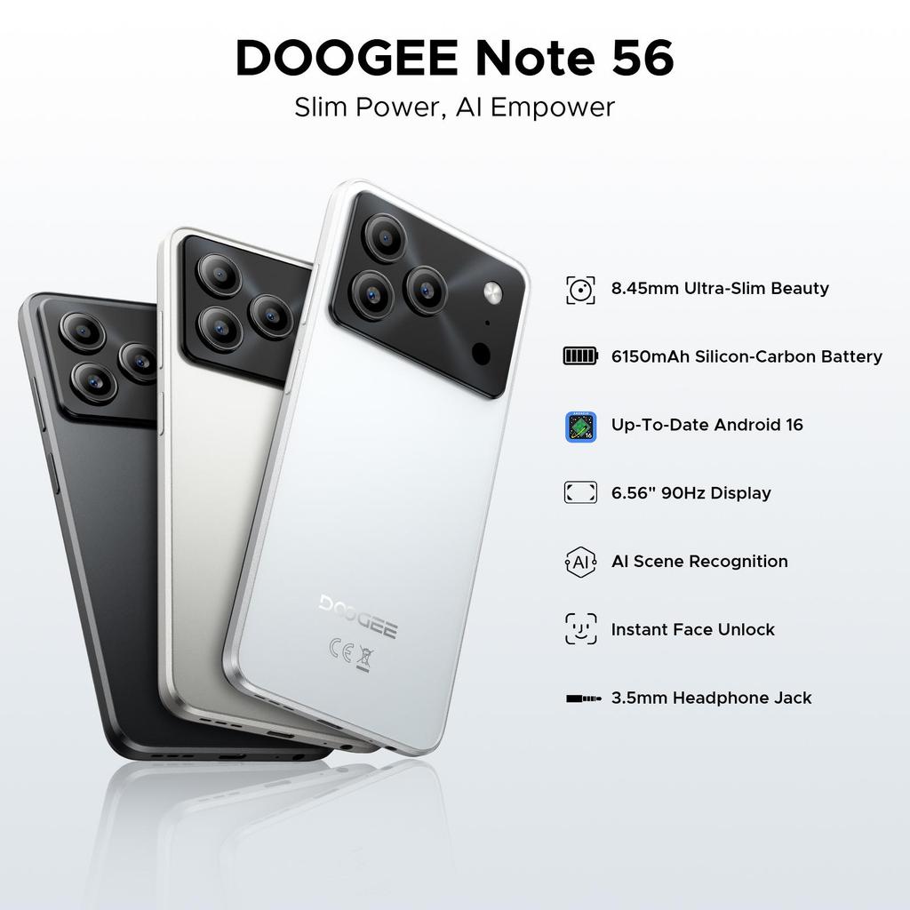 Doogee Note 56 Mobile Phones, Android 16 Smartphone, 6150mAh, 8.45mm Ultra-Slim, 6.56" HD+ 90Hz, 24GB + 64GB/2TB, Face ID, GPS, OTG, FM
