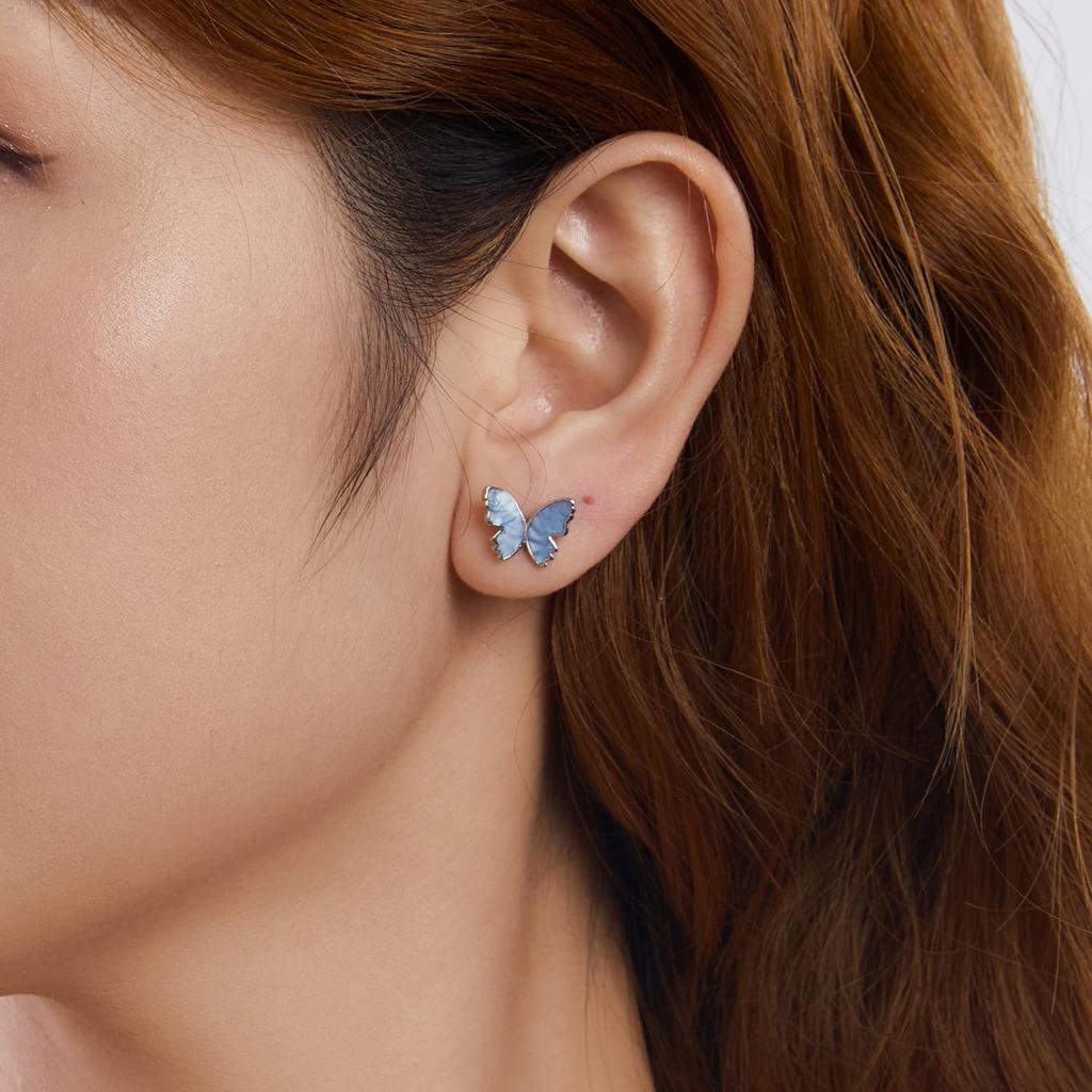 Silver Blue Butterfly Stud Earrings 925 Silver