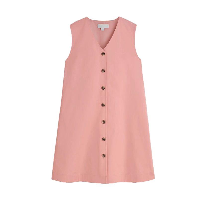

CS Summer New Women s Single-Breasted French Style V-neck Cotton Loose A- line Mini Vest Dress 1283659 Pink 40