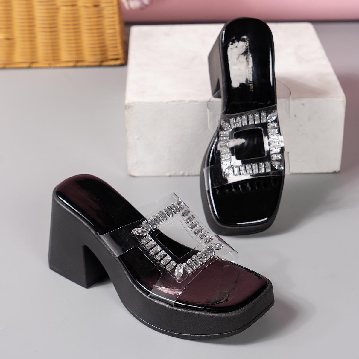 

Европейские и американские классные тапочки женские весна и лето новая мода блестки односложные стразы полутапочки платформа высокие каблуки женщины 36 чёрный