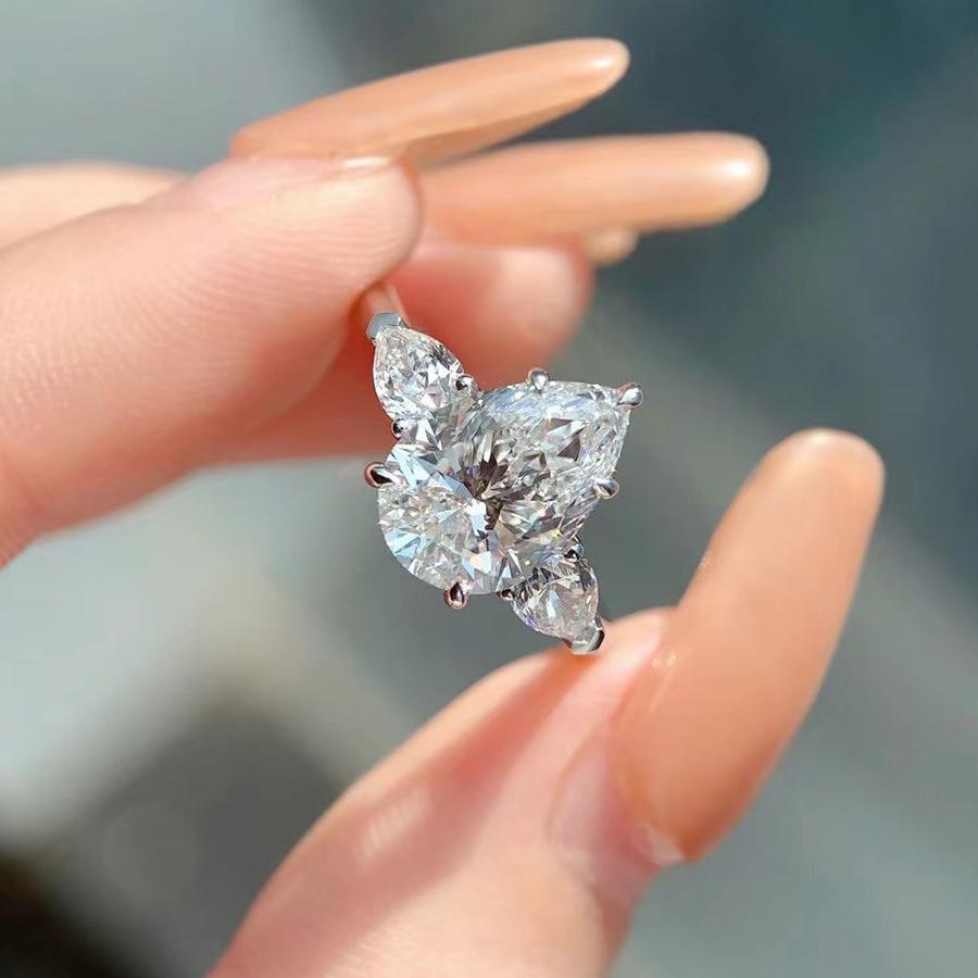 Teardrop Pear Shaped Simulated Moissanite & Zircon Three Stone Open Wedding Ring for Women