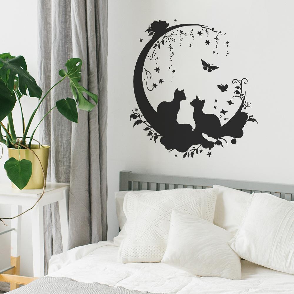 Creative Couple Cats Silhouette Wall Stickers, Romantic Home Decor for Bedroom, Living Room and Hallway, Love Themed Wall Art