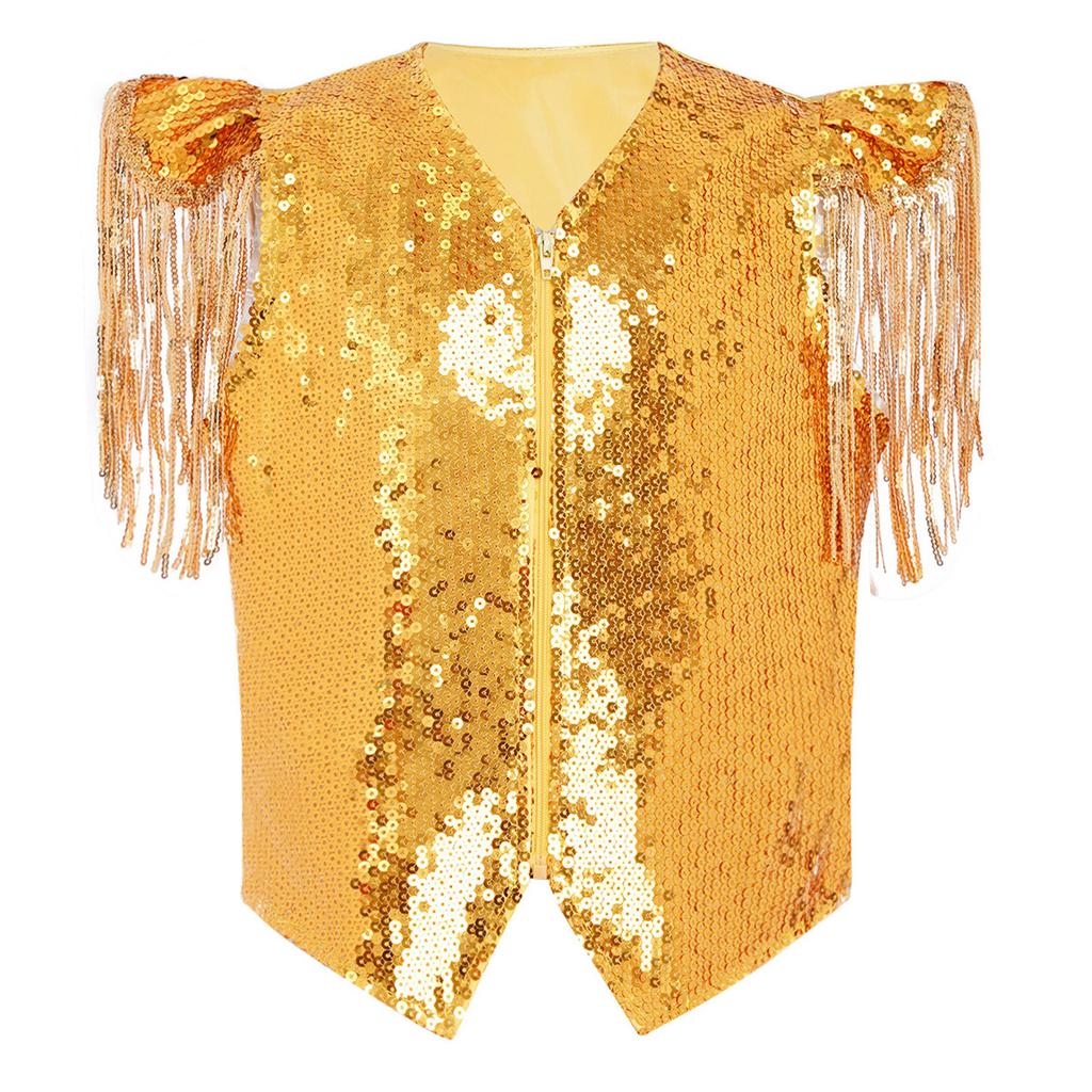 Boys Sequined Patchwork Vest Tassels Cap Sleeves V Neckline Stage Performance Waistcoat