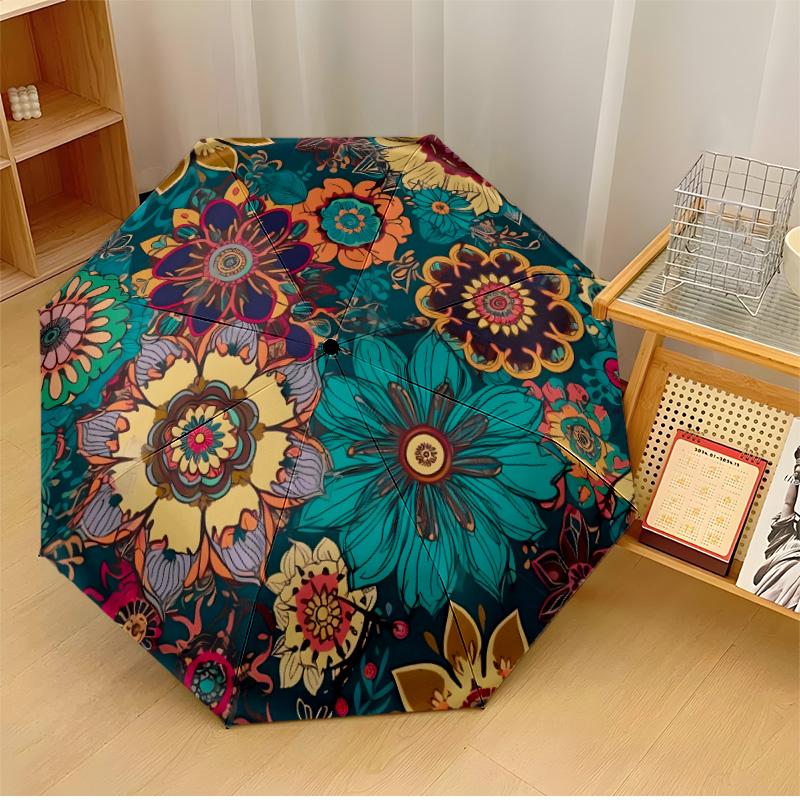 Retro flowers (2) Theme Automatic Umbrella Compact 8-Rib Design Sturdy Construction Durable Umbrella Stylish Accessory