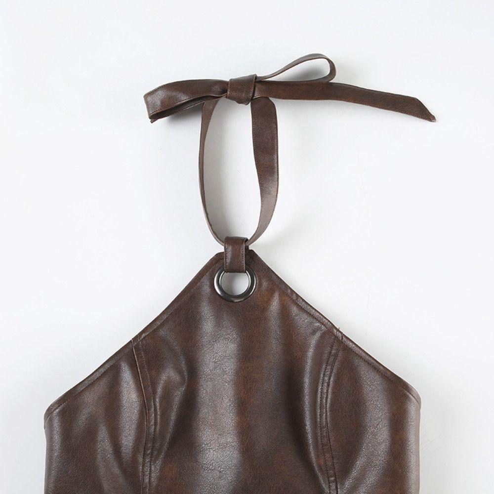 Backless Sleeveless Halter Camisole Vest Tight Top Women Fashion Leather Tank Top  Party