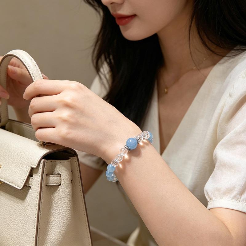 Aquamarine & White Crystal Beaded Bracelet: Fairy Summer Style for Girls, Sweet & Simple Fashion Hand Jewelry with a High-End Feel