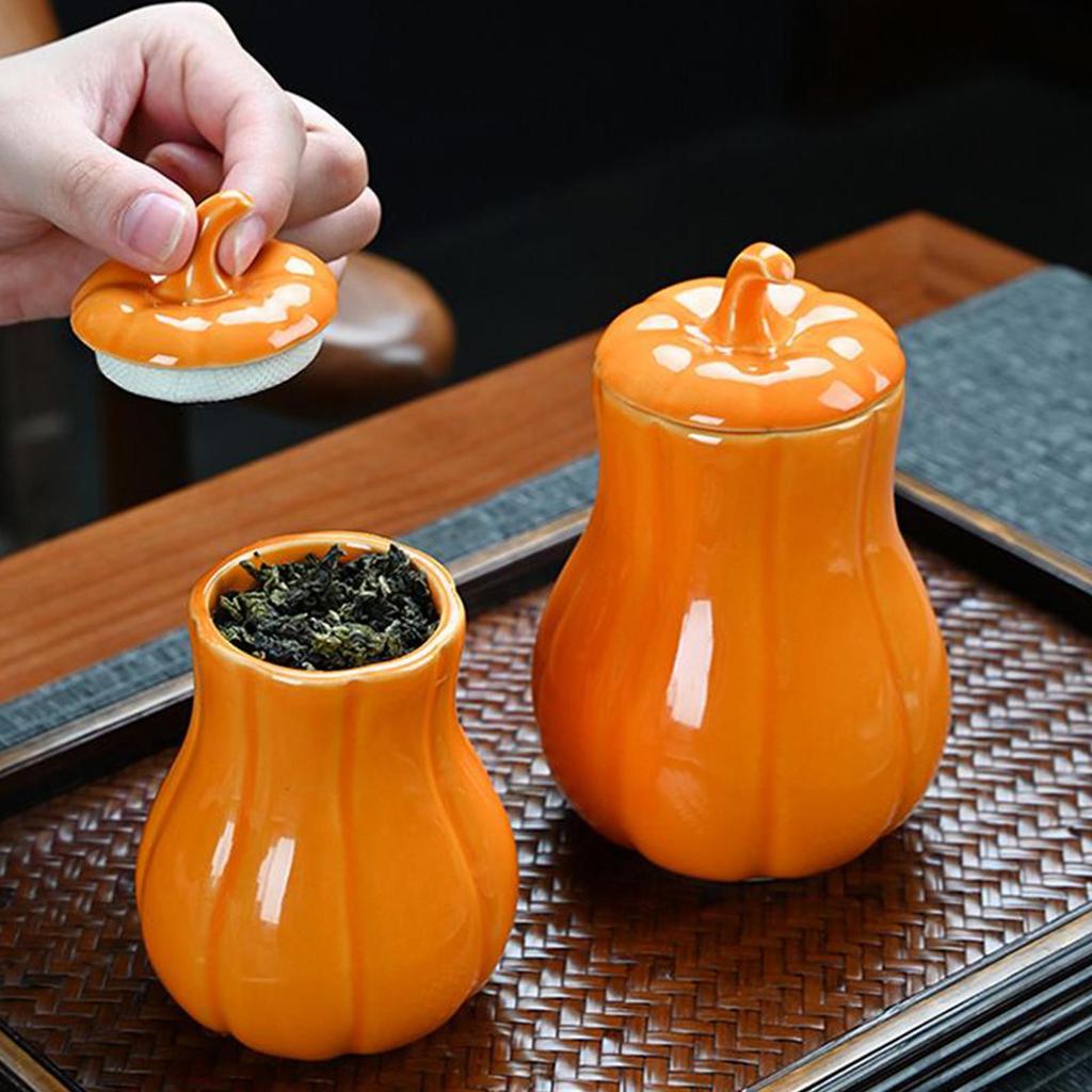 Pumpkin Tea Jar with Lid Fall Candy Container Ceramic Sealing Storage Canister for Dried Fruits Loose Tea Homeowners