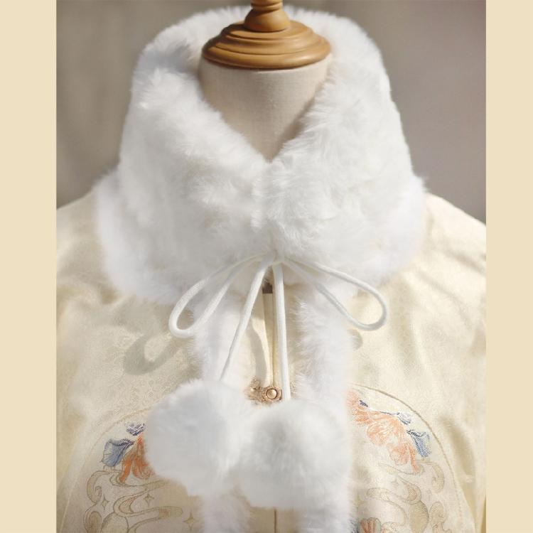 Furry Short Hanfu Scarf Short Tie Closure White Neck Scarf for Women Girls