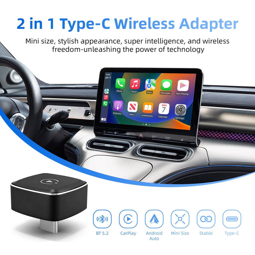 EzoneTronics Wireless CarPlay Android Auto Adapter for Factory Type-c Wired Car, Wireless CarPlay & Android Auto 2 In 1