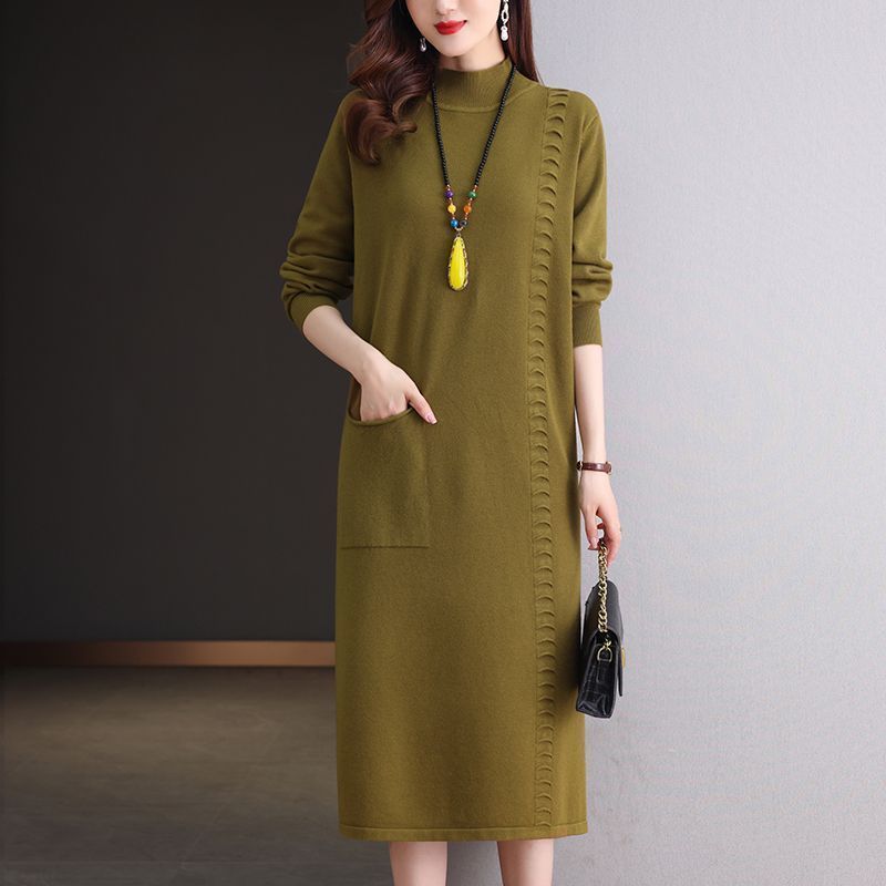 Knitted Dress Knee-length Women's Mid-length Loose Dress Plus-size Sweater Dress Solid-color Casual Half Turtleneck Pullover