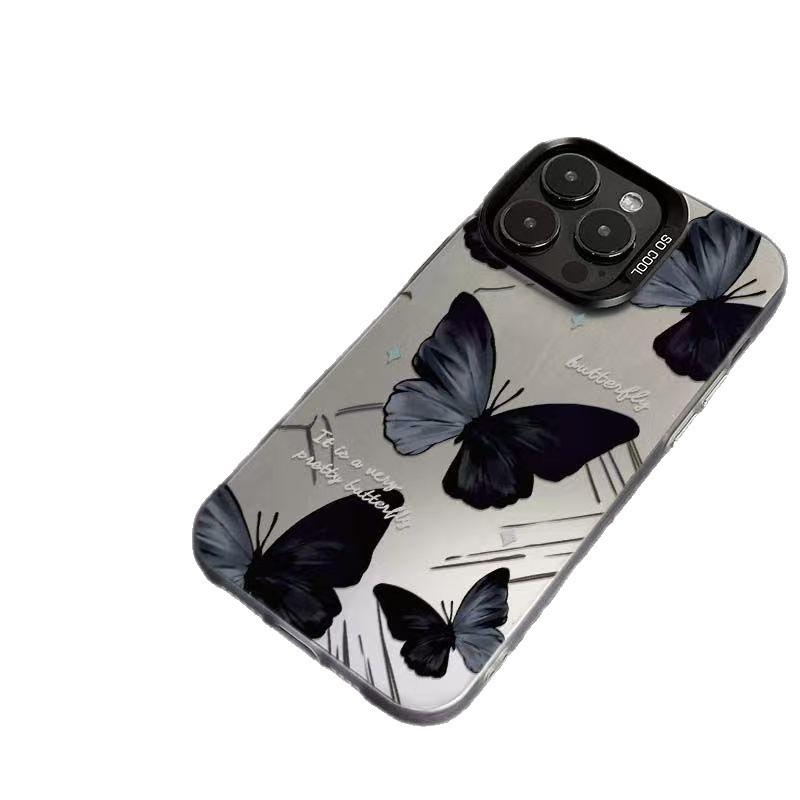 Obsidian Butterfly Silver Shell Phone Case for Apple 17/16/15 Pro, 14 Pro Max, 13/12/11X
