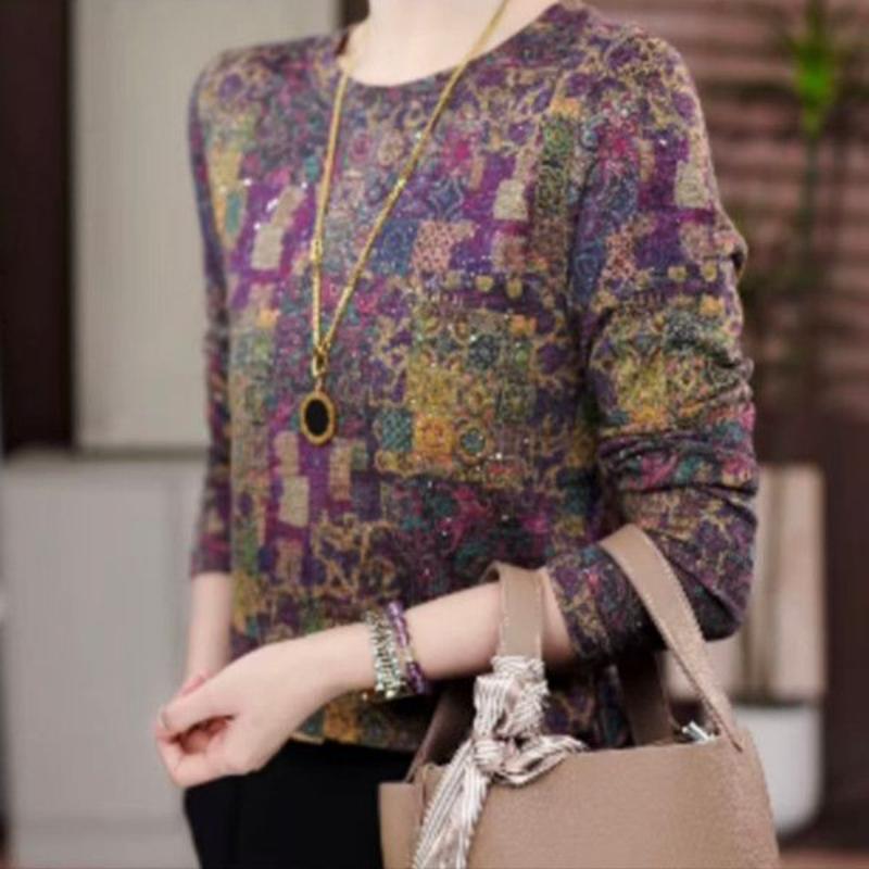 Women's Multicolor Patterned Knit Top Long Sleeve Crew Neck Casual Blouse