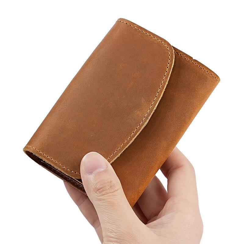 Retro Crazy Horse Leather Small Zipper Pouch Compact Lid Button Coin Key Wallet Pocket Money Bag