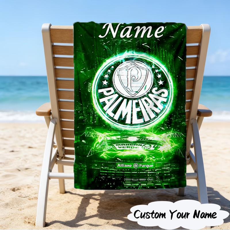 1PC Custom Name Beach Towel Green Palm Tree Emblem Beach Towel, Suitable for Camping, Travel, Beach Accessories, Super Absorbent, Family Gift