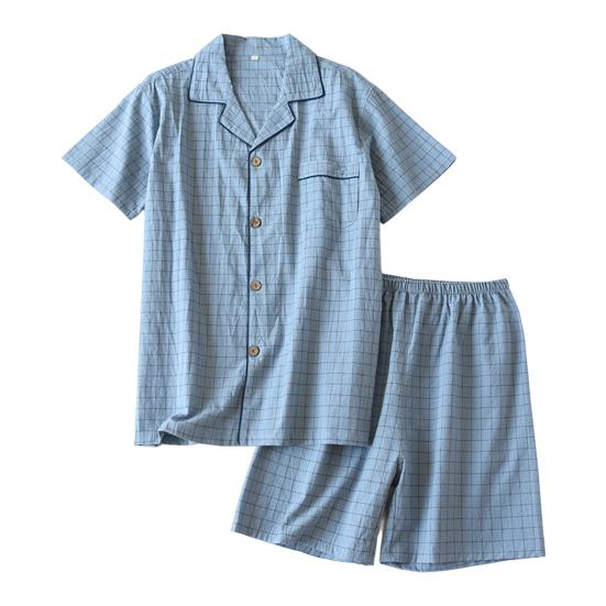 1 Set Pajama Set Soft Short Sleeve Casual Thin Comfortable Sleeping Wear Cotton Grid Print Men Homewear Daily Clothing