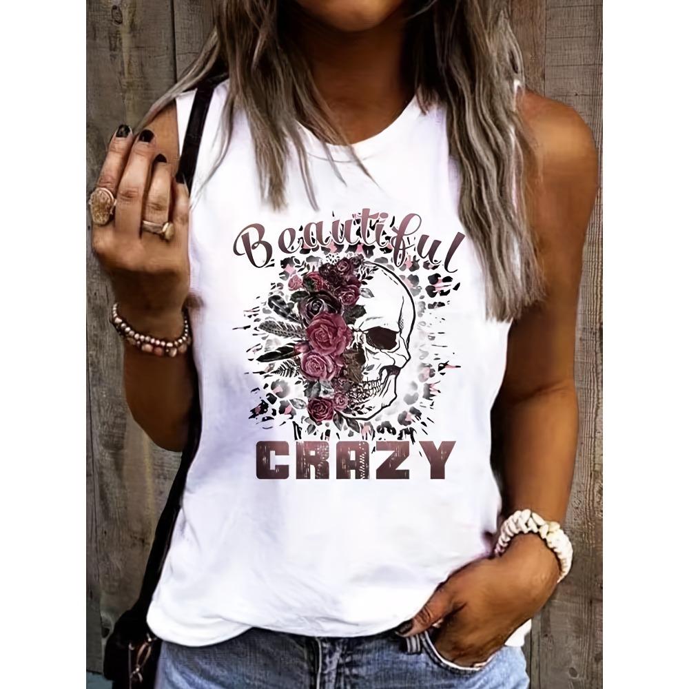 Women s summer skull flower print large casual sleeveless vest S