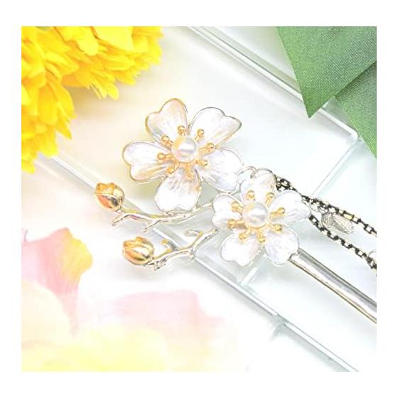 Miaomyao Hairpin Kanzashi Single Prong Hair Stick for Japanese Kimono, Metal Antique Cubic Zirconia, Couple Double Flower, Cherry Blossom, Petals,