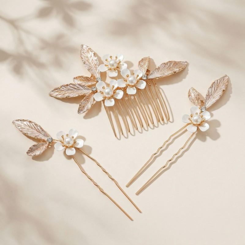 Vintage Light Luxury Handmade Pearl Flower Hair Comb Pin Set Bridal Wedding Party Elegant Accessories