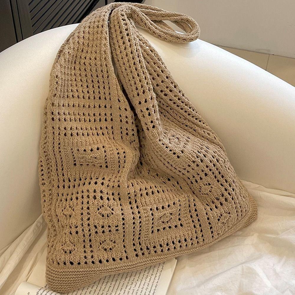 Vintage Solid Color Knitting Shoulder Bag Hollow Bohemian Style Crochet Mesh Bag Woven Large Capacity Shopping Handbag Ladies