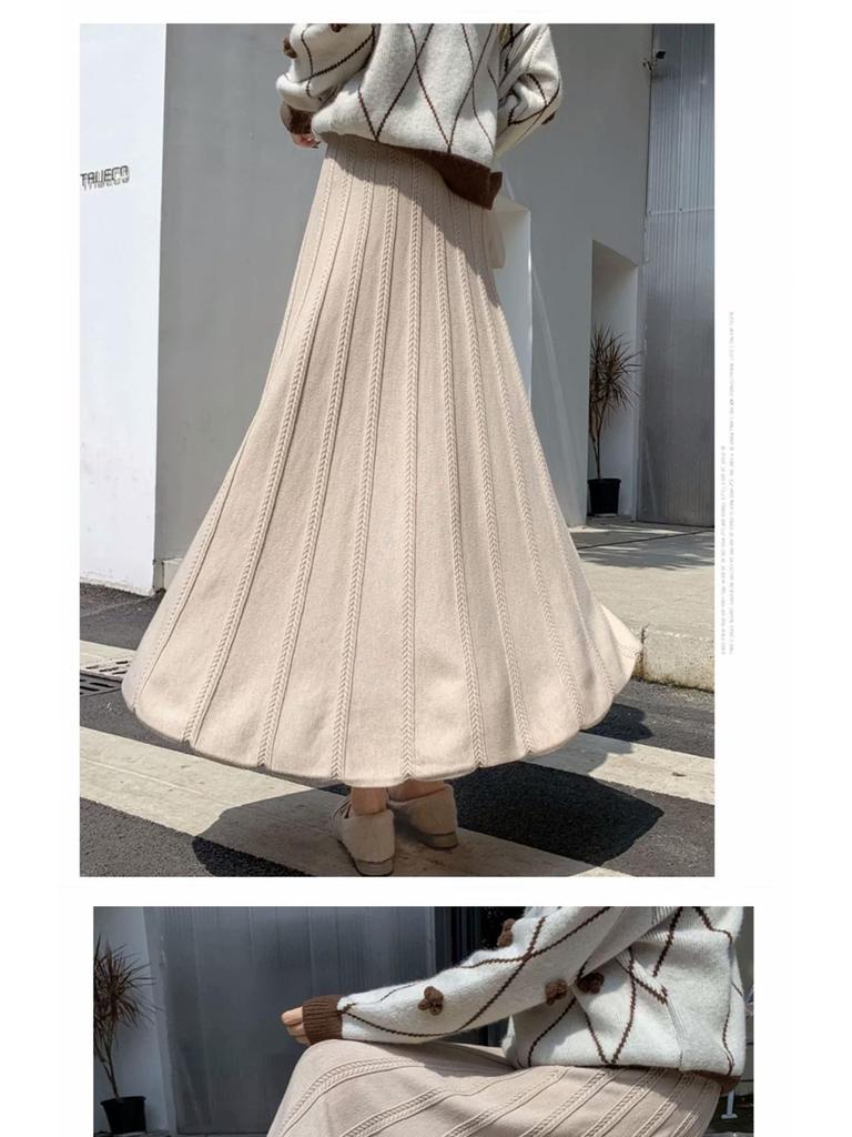 Women's Black High-Waist A-Line Woolen Skirt - Ribbed, Thickened, Autumn/Winter Casual Skirt