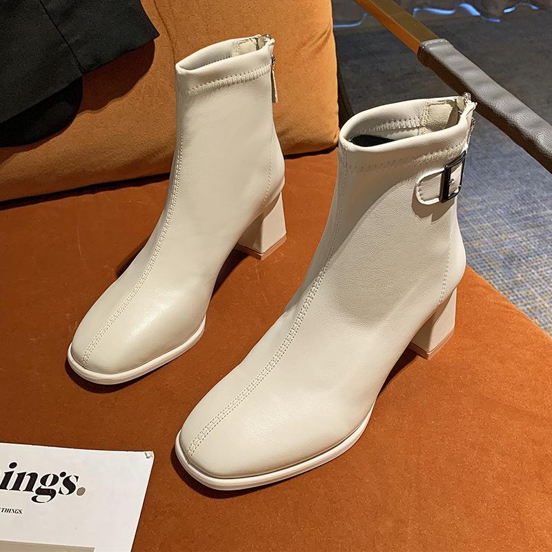 White High-heeled Short Boots Women's Autumn and Winter Square Toe Women Ankle Boots 2024 New Fashion Chelsea Boot for Woman