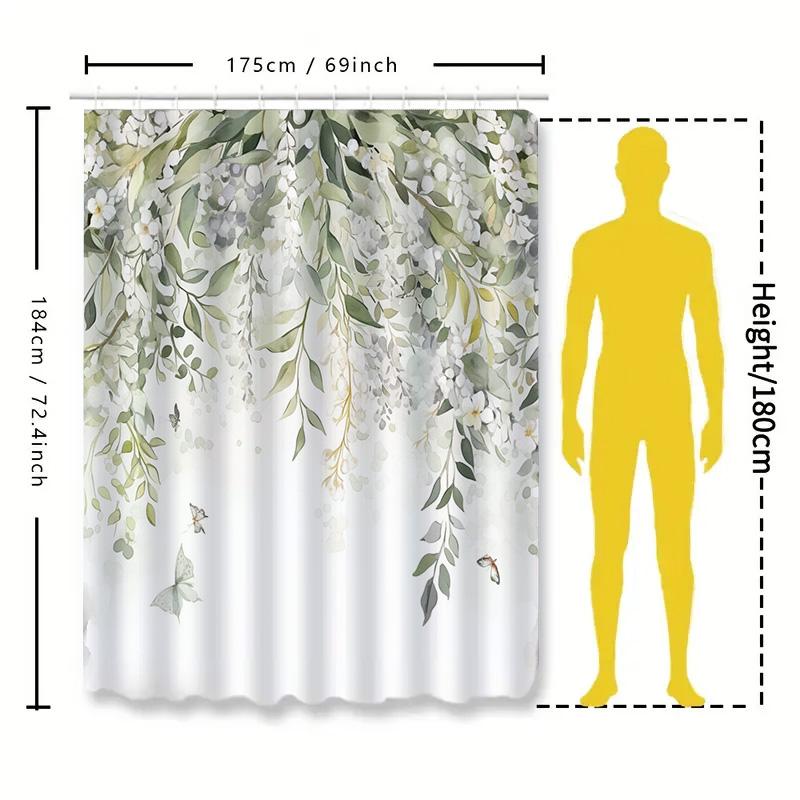 Charming White Flowers and Green Leaves Shower Curtain for Modern Bathroom Decor Waterproof Fabric with Hooks Enhances HomeStyle