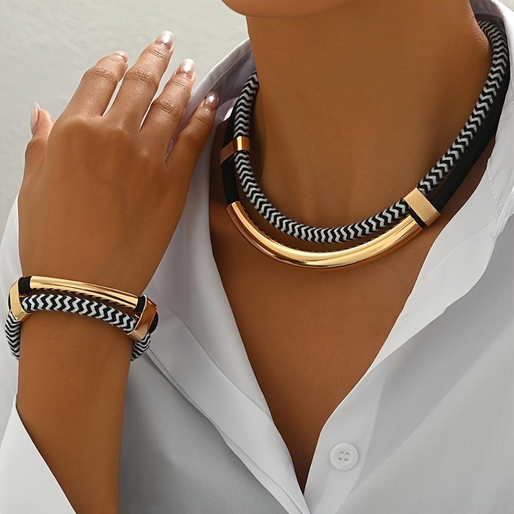 Neues Schwarz Metallrohr Geflochtenes Seil Dickes Doppelstrang Armband Set Doppellagig Hip-Hop Stil Schmuck Geschenke