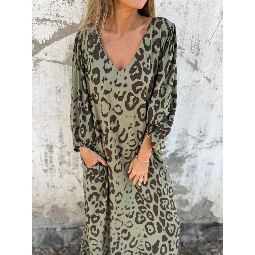 Women's Long-sleeved V-neck Loose Leopard Print Long Dress