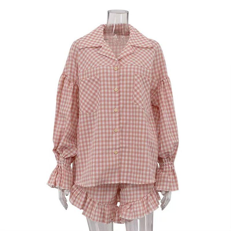 

Western Style New Fashion Loose Plaid Shirts Shorts Set Checked Shirt Shorts Set Pink L