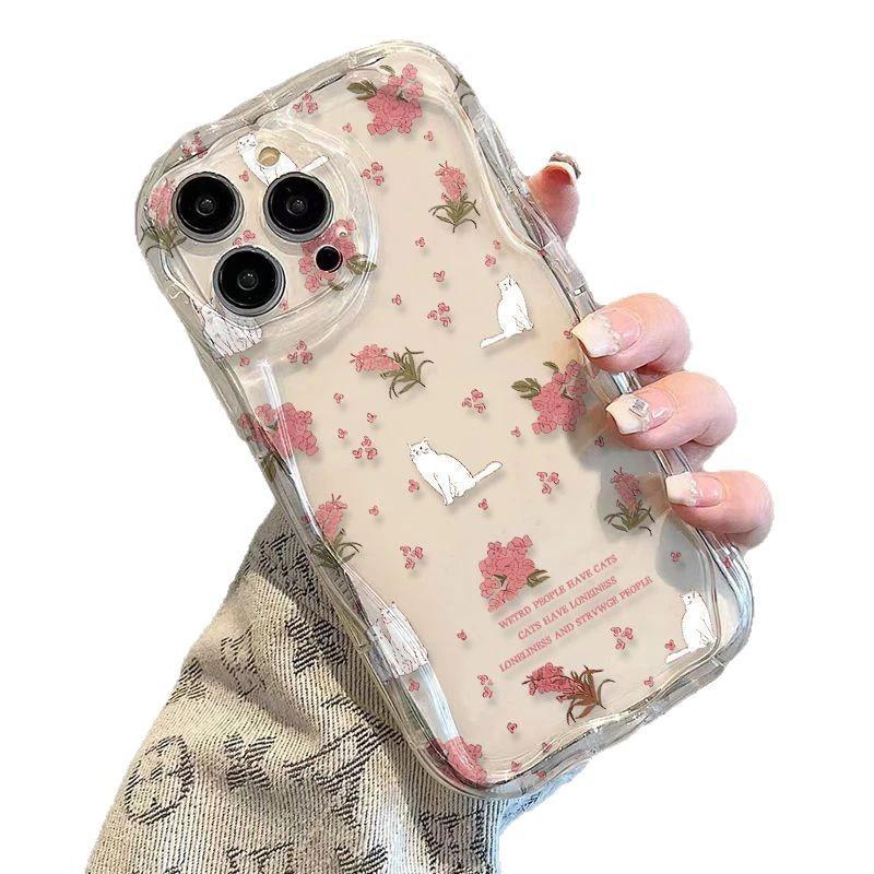 Fresh Floral Cat iPhone17Promax Mobile Phone Case Transparent for Apple 16promax Cream Case 15